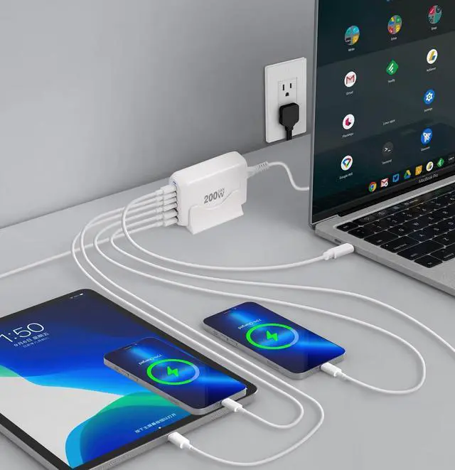 Alt view image 3 of 7 - 200W USB C Charger, 6 Ports USB C Fast Charging Station, GaN III PD QC Desktop Charger Block for Multiple Devices, Compatible with MacBook, DELL, Tablet iPad, iPhone, Samsung Galaxy, White