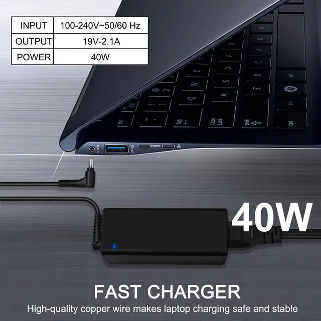 Alt view image 6 of 6 - 40W Ac Adapter Charger Compatible with Samsung Ativ Book 9/9 Plus/9 Lite/9 Spin Laptop A13-040N2A PA-1400-96 AD-4019A 19V 2.1A 3.0 * 1.0mm Connector