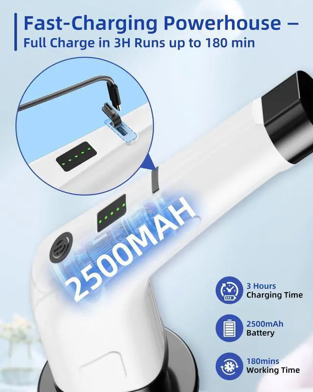 Alt view image 3 of 7 - Electric Spin Scrubber, Cordless Power Scrubber for Bathroom Cleaning, 6 Replaceable Brush Heads, 360 RPM, Long Battery for Tub, Tile, Grout & Floor