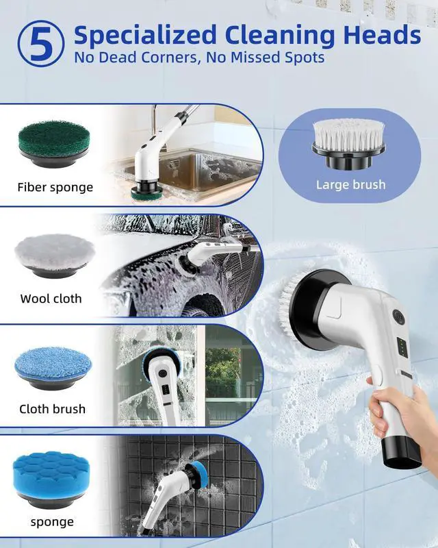 Alt view image 5 of 7 - Electric Spin Scrubber, Cordless Power Scrubber for Bathroom Cleaning, 6 Replaceable Brush Heads, 360 RPM, Long Battery for Tub, Tile, Grout & Floor