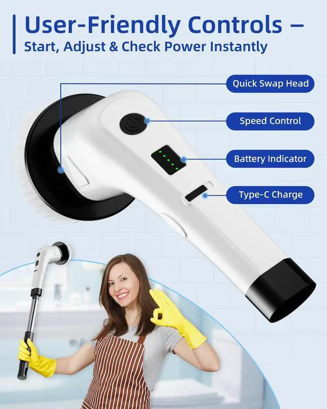 Alt view image 7 of 7 - Electric Spin Scrubber, Cordless Power Scrubber for Bathroom Cleaning, 6 Replaceable Brush Heads, 360 RPM, Long Battery for Tub, Tile, Grout & Floor