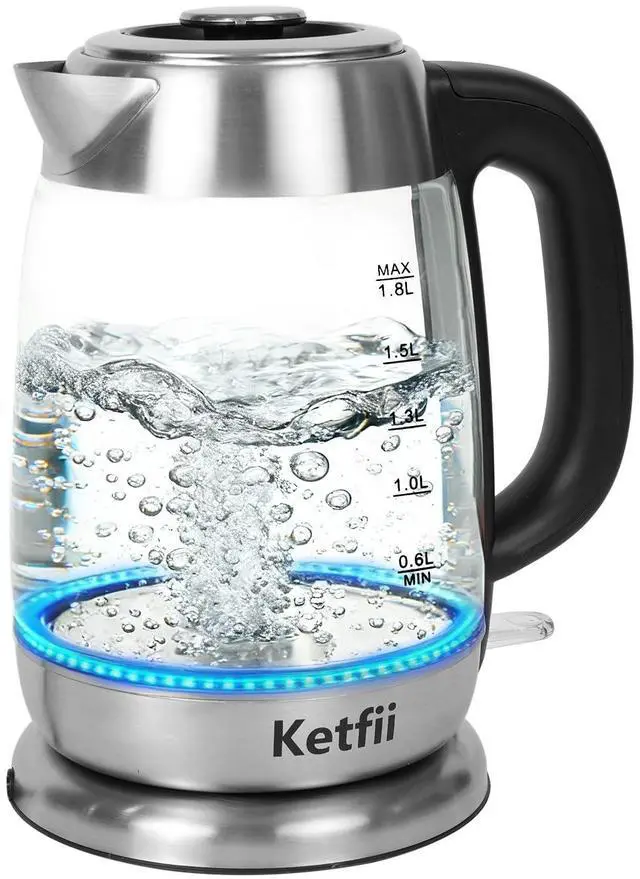 Main image of Electric Glass Kettle 1.8L, 1200W Fast Boil for Tea & Coffee, Auto Shut-Off & Boil-Dry Protection, BPA-Free, 304 Stainless Steel & Borosilicate Glass, Removable Lid for Easy Cleaning