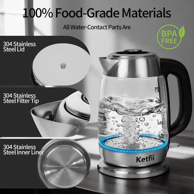 Alt view image 2 of 7 - Electric Glass Kettle 1.8L, 1200W Fast Boil for Tea & Coffee, Auto Shut-Off & Boil-Dry Protection, BPA-Free, 304 Stainless Steel & Borosilicate Glass, Removable Lid for Easy Cleaning