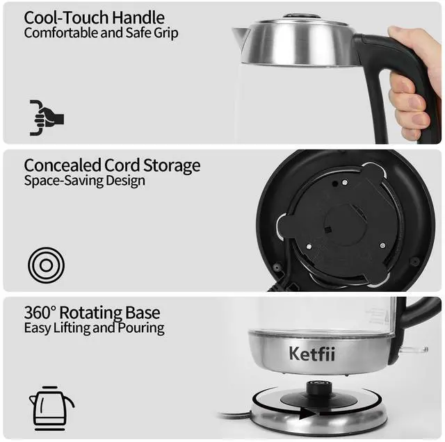 Alt view image 6 of 7 - Electric Glass Kettle 1.8L, 1200W Fast Boil for Tea & Coffee, Auto Shut-Off & Boil-Dry Protection, BPA-Free, 304 Stainless Steel & Borosilicate Glass, Removable Lid for Easy Cleaning