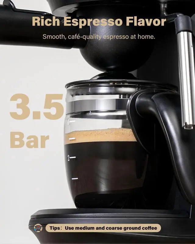 Alt view image 2 of 7 - 3.5 Bar Espresso Machine 4-Cup Compact Espresso Maker with Milk Frother, 800 W Preheating Cappuccino Machine for Home, Black