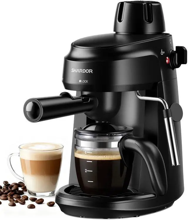 Main image of 3.5 Bar Espresso Machine 4-Cup Compact Espresso Maker with Milk Frother, 800 W Preheating Cappuccino Machine for Home, Black