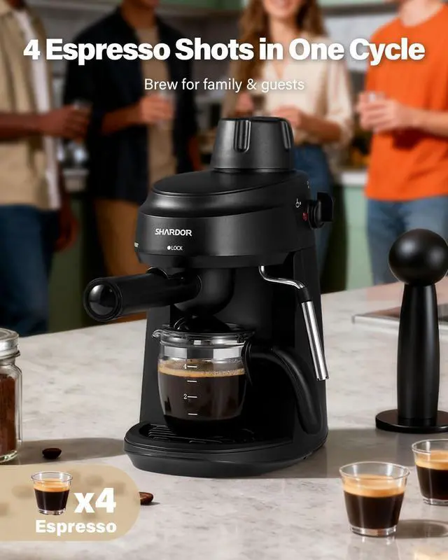 Alt view image 4 of 7 - 3.5 Bar Espresso Machine 4-Cup Compact Espresso Maker with Milk Frother, 800 W Preheating Cappuccino Machine for Home, Black