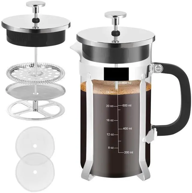 Main image of French Press Coffee Maker,34oz 304 Stainless Steel with 2 Filter, Heat Resistant Durable, Easy to Clean, Borosilicate Glass Press, BPA Free Glass TeaPot-34 Ounce 1 Liter (Chrome)