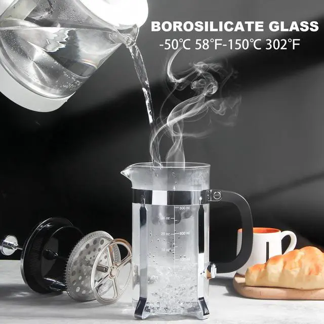 Alt view image 2 of 7 - French Press Coffee Maker,34oz 304 Stainless Steel with 2 Filter, Heat Resistant Durable, Easy to Clean, Borosilicate Glass Press, BPA Free Glass TeaPot-34 Ounce 1 Liter (Chrome)