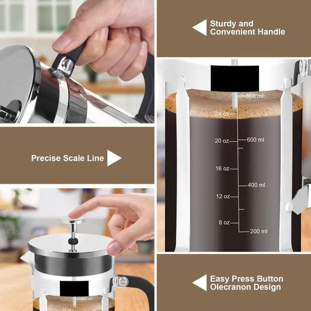 Alt view image 3 of 7 - French Press Coffee Maker,34oz 304 Stainless Steel with 2 Filter, Heat Resistant Durable, Easy to Clean, Borosilicate Glass Press, BPA Free Glass TeaPot-34 Ounce 1 Liter (Chrome)