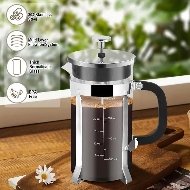 Alt view image 4 of 7 - French Press Coffee Maker,34oz 304 Stainless Steel with 2 Filter, Heat Resistant Durable, Easy to Clean, Borosilicate Glass Press, BPA Free Glass TeaPot-34 Ounce 1 Liter (Chrome)