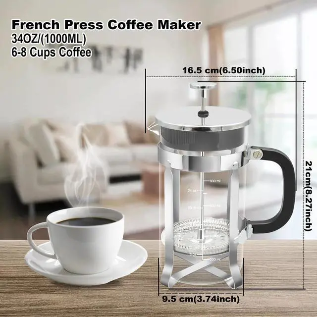 Alt view image 5 of 7 - French Press Coffee Maker,34oz 304 Stainless Steel with 2 Filter, Heat Resistant Durable, Easy to Clean, Borosilicate Glass Press, BPA Free Glass TeaPot-34 Ounce 1 Liter (Chrome)