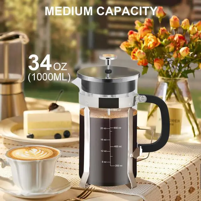 Alt view image 6 of 7 - French Press Coffee Maker,34oz 304 Stainless Steel with 2 Filter, Heat Resistant Durable, Easy to Clean, Borosilicate Glass Press, BPA Free Glass TeaPot-34 Ounce 1 Liter (Chrome)