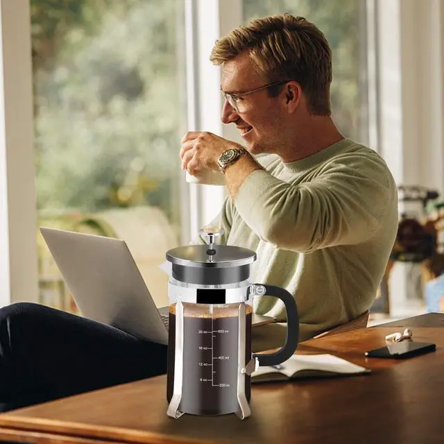 Alt view image 7 of 7 - French Press Coffee Maker,34oz 304 Stainless Steel with 2 Filter, Heat Resistant Durable, Easy to Clean, Borosilicate Glass Press, BPA Free Glass TeaPot-34 Ounce 1 Liter (Chrome)