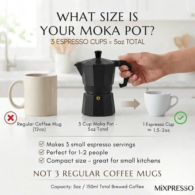 Alt view image 2 of 7 - Black 3 Cup Moka Pot Cuban Coffee Maker, Moka Pot for Gas, Electric Stove Top, Classic Italian Coffee Maker, Stovetop Espresso Maker, Camping Pot Makes 3 Espresso Cup 5 Oz