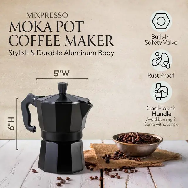 Alt view image 3 of 7 - Black 3 Cup Moka Pot Cuban Coffee Maker, Moka Pot for Gas, Electric Stove Top, Classic Italian Coffee Maker, Stovetop Espresso Maker, Camping Pot Makes 3 Espresso Cup 5 Oz