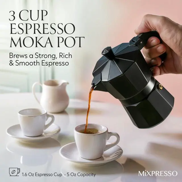 Alt view image 4 of 7 - Black 3 Cup Moka Pot Cuban Coffee Maker, Moka Pot for Gas, Electric Stove Top, Classic Italian Coffee Maker, Stovetop Espresso Maker, Camping Pot Makes 3 Espresso Cup 5 Oz