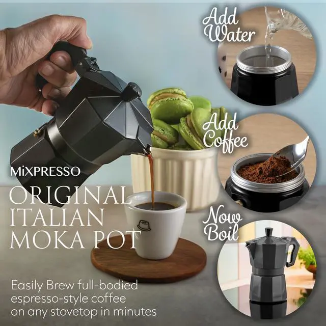 Alt view image 6 of 7 - Black 3 Cup Moka Pot Cuban Coffee Maker, Moka Pot for Gas, Electric Stove Top, Classic Italian Coffee Maker, Stovetop Espresso Maker, Camping Pot Makes 3 Espresso Cup 5 Oz