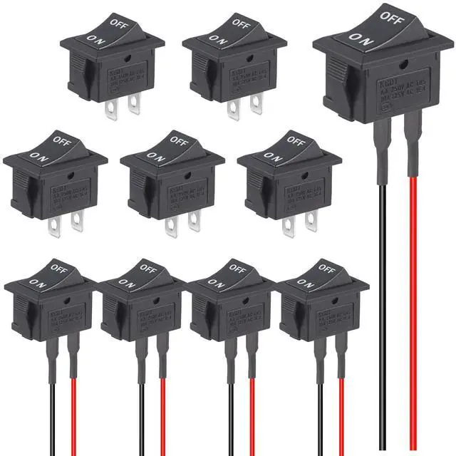 Main image of Rocker ON Off Switch 12V Toggle Switch KCD1 Mini Rocker Switches 2 Pin AC 6A 250V 10A 125V SPST 2 Position Black Square (5Pcs with Leads 5Pcs Without Wires)