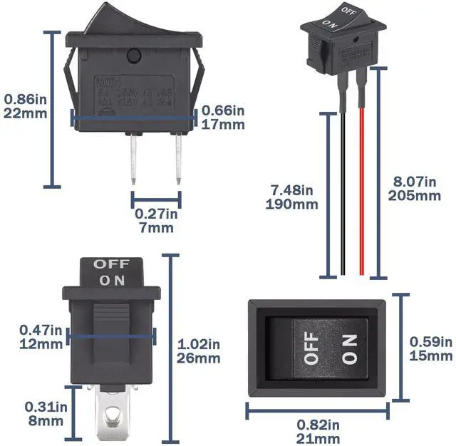 Alt view image 2 of 5 - Rocker ON Off Switch 12V Toggle Switch KCD1 Mini Rocker Switches 2 Pin AC 6A 250V 10A 125V SPST 2 Position Black Square (5Pcs with Leads 5Pcs Without Wires)
