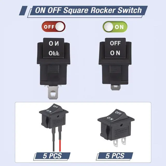 Alt view image 3 of 5 - Rocker ON Off Switch 12V Toggle Switch KCD1 Mini Rocker Switches 2 Pin AC 6A 250V 10A 125V SPST 2 Position Black Square (5Pcs with Leads 5Pcs Without Wires)