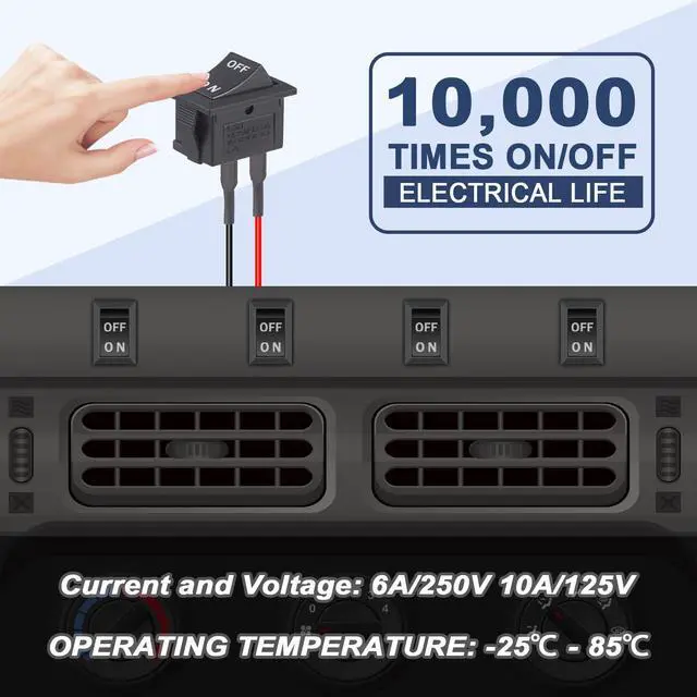 Alt view image 4 of 5 - Rocker ON Off Switch 12V Toggle Switch KCD1 Mini Rocker Switches 2 Pin AC 6A 250V 10A 125V SPST 2 Position Black Square (5Pcs with Leads 5Pcs Without Wires)