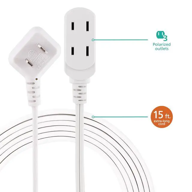 Alt view image 3 of 7 - 2-Pack Indoor Extension Cord Power Strip 15 ft, Flat Plug