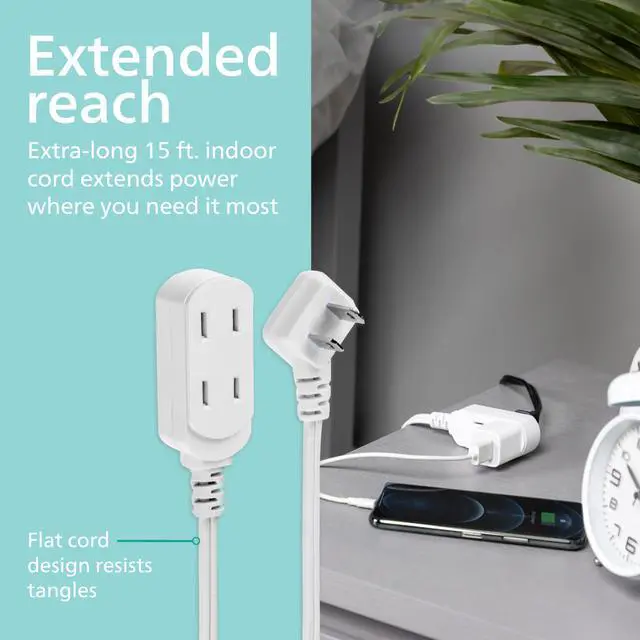 Alt view image 6 of 7 - 2-Pack Indoor Extension Cord Power Strip 15 ft, Flat Plug