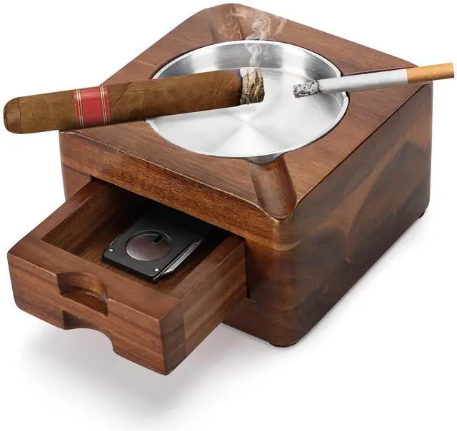 Main image of Cigar Ashtray, Wooden Ashtray, Square Ashtray 4 Slots Cigar Holder with Accessories Drawer for Indoor Outdoor Patio Home Office, Personalized Cigar Gifts for Men