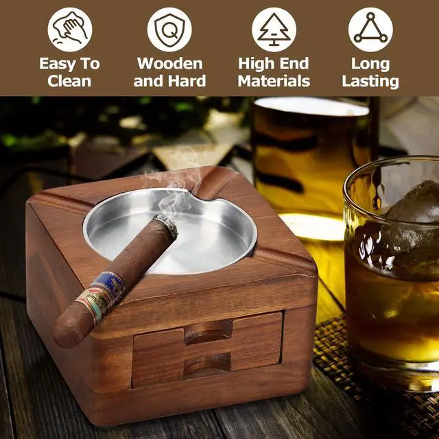 Alt view image 5 of 7 - Cigar Ashtray, Wooden Ashtray, Square Ashtray 4 Slots Cigar Holder with Accessories Drawer for Indoor Outdoor Patio Home Office, Personalized Cigar Gifts for Men