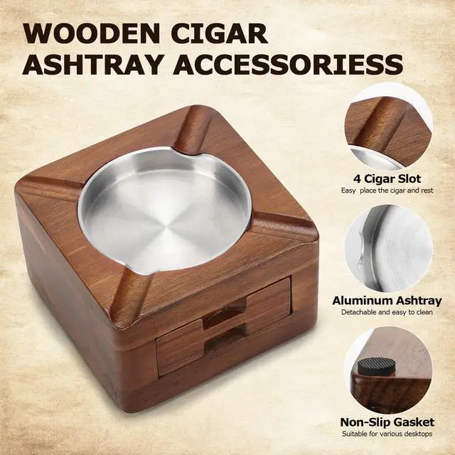 Alt view image 2 of 7 - Cigar Ashtray, Wooden Ashtray, Square Ashtray 4 Slots Cigar Holder with Accessories Drawer for Indoor Outdoor Patio Home Office, Personalized Cigar Gifts for Men