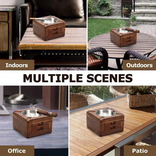 Alt view image 6 of 7 - Cigar Ashtray, Wooden Ashtray, Square Ashtray 4 Slots Cigar Holder with Accessories Drawer for Indoor Outdoor Patio Home Office, Personalized Cigar Gifts for Men