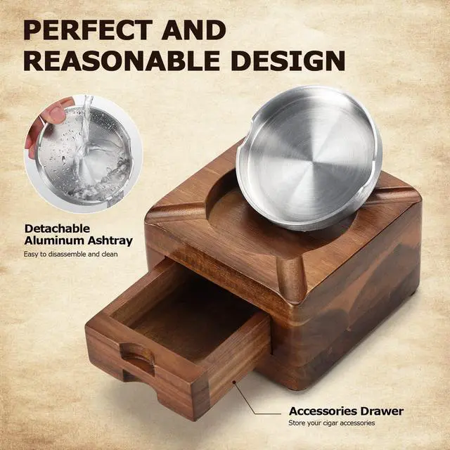 Alt view image 3 of 7 - Cigar Ashtray, Wooden Ashtray, Square Ashtray 4 Slots Cigar Holder with Accessories Drawer for Indoor Outdoor Patio Home Office, Personalized Cigar Gifts for Men