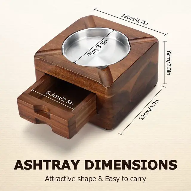 Alt view image 4 of 7 - Cigar Ashtray, Wooden Ashtray, Square Ashtray 4 Slots Cigar Holder with Accessories Drawer for Indoor Outdoor Patio Home Office, Personalized Cigar Gifts for Men