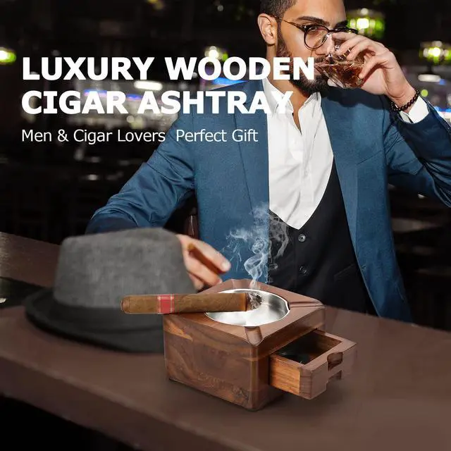 Alt view image 7 of 7 - Cigar Ashtray, Wooden Ashtray, Square Ashtray 4 Slots Cigar Holder with Accessories Drawer for Indoor Outdoor Patio Home Office, Personalized Cigar Gifts for Men
