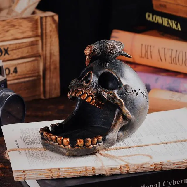 Main image of Skull Crow Decoration Desktop OrganiserCreative Skull Cigar AshtrayCollectible Jewelry Trays for Home Office Desk Supplies Organizer Accessory.