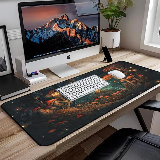 Alt view image 5 of 7 - Mushroom Forest Desk Mat, Anime Mouse Mat XXL, Retro Large Gaming Keyboard Mouse Pad, with Non Slip Rubber Base and Stitched Edges Full Desk Pad, Natural Landscape Desktop Decor 31.5"X15.7"