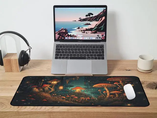 Alt view image 6 of 7 - Mushroom Forest Desk Mat, Anime Mouse Mat XXL, Retro Large Gaming Keyboard Mouse Pad, with Non Slip Rubber Base and Stitched Edges Full Desk Pad, Natural Landscape Desktop Decor 31.5"X15.7"