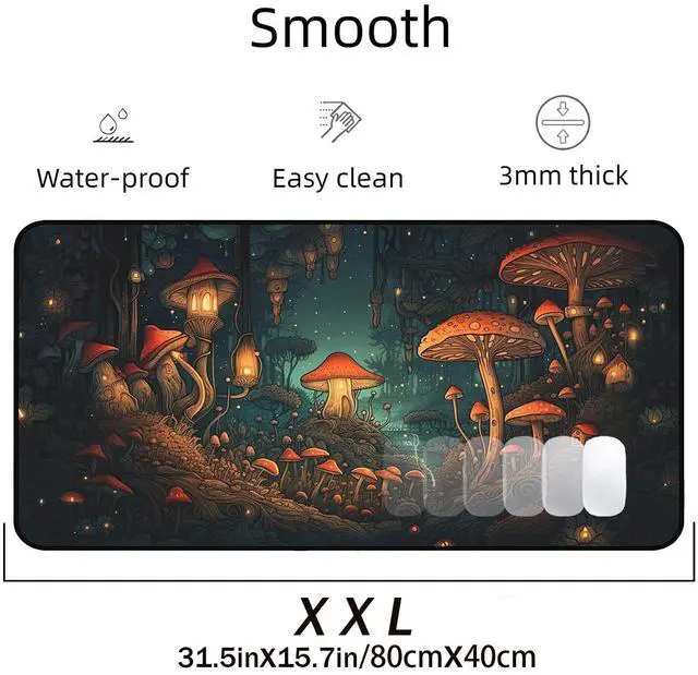Alt view image 2 of 7 - Mushroom Forest Desk Mat, Anime Mouse Mat XXL, Retro Large Gaming Keyboard Mouse Pad, with Non Slip Rubber Base and Stitched Edges Full Desk Pad, Natural Landscape Desktop Decor 31.5"X15.7"