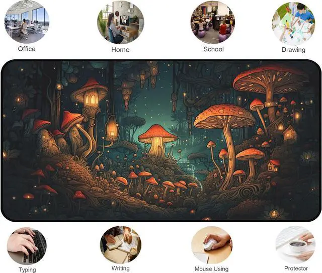 Alt view image 4 of 7 - Mushroom Forest Desk Mat, Anime Mouse Mat XXL, Retro Large Gaming Keyboard Mouse Pad, with Non Slip Rubber Base and Stitched Edges Full Desk Pad, Natural Landscape Desktop Decor 31.5"X15.7"