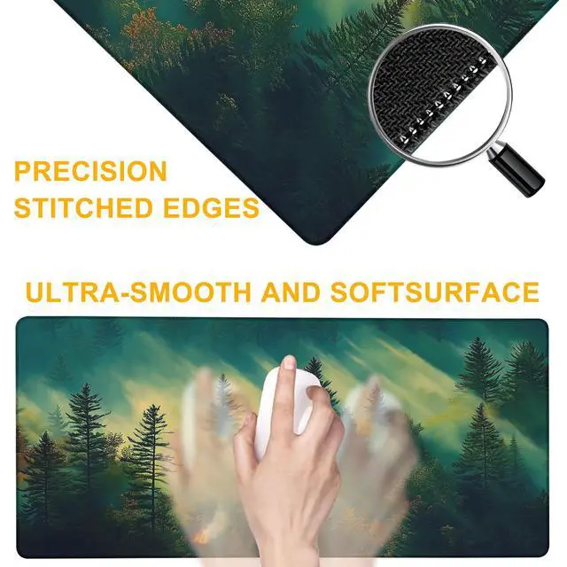 Alt view image 3 of 7 - Large Gaming Mouse Pad Sunlight Misty Forest Extended Computer Keyboard Mousepad with Non-Slip Rubber Base Stitched Edge Waterproof Big Long Laptop Pad for Gamer Office Home 35.4"X 15.7"