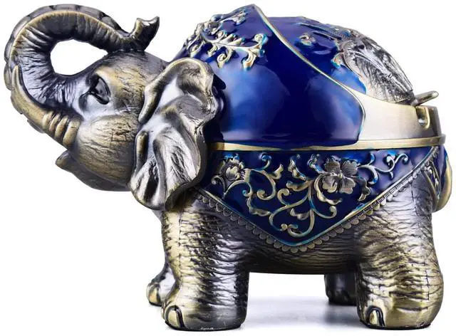 Main image of Metal Elephant Ashtray with Lid Windproof Ashtray Outdoor, Indoor Ash Tray for Weed, Vintage Practical Decoration Ashtrays for Cigarettes Great Gift for Men Women(NavyBlue)