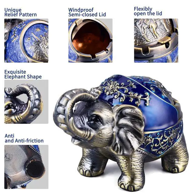 Alt view image 3 of 6 - Metal Elephant Ashtray with Lid Windproof Ashtray Outdoor, Indoor Ash Tray for Weed, Vintage Practical Decoration Ashtrays for Cigarettes Great Gift for Men Women(NavyBlue)