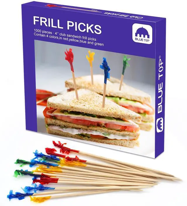 Main image of Wood Frill Picks Frill Toothpicks 4 Inch Pack 1000,Decorative wood toothpicks,Cocktail Party Toothpicks for Fruit,Appetizers,Club Sandwiches,Great to use at Valentine's Day and Parties.