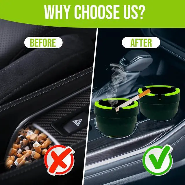 Alt view image 2 of 6 - 5 Pack Car Ashtray with Lid - Glow in the Dark Butt Bucket, Self-Extinguishing & Smokeless Cup Holder Ashtray for Car, Outdoor, Home and Office - Black