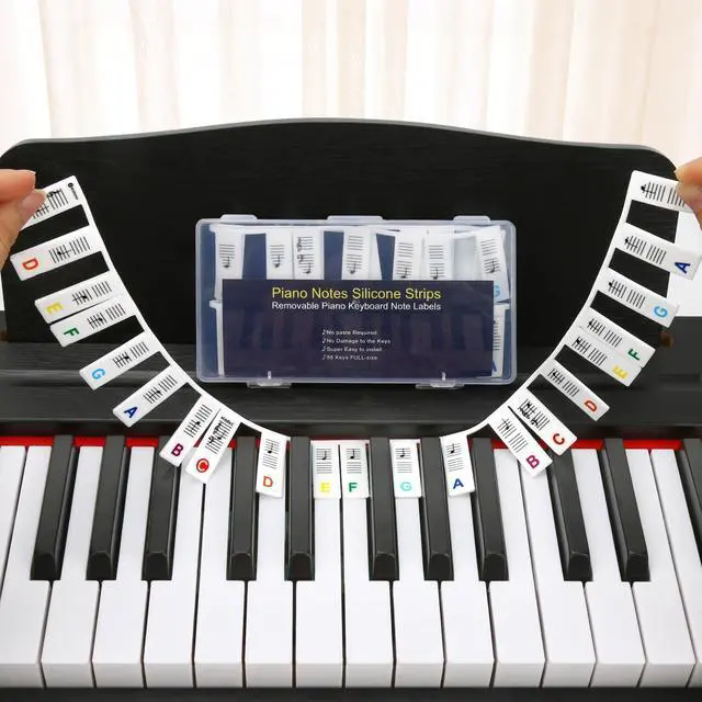 Main image of Premium Silicone Piano Keyboard Note Labels for Beginners, Removable & Reusable Piano Keyboard Stickers for Learning, 88 Key Full Size Piano Notes Guide with Storage Box (Rainbow Colors)