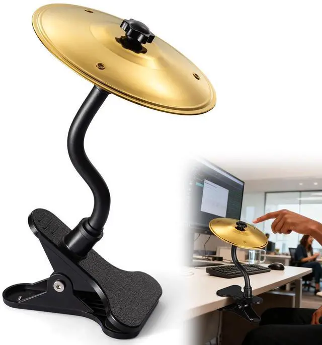 Main image of Mini Clip-On Desktop Cymbal, Mini Desk Drum for Music Lovers, Relieve Your Work & Study Stress with Fun Gold Percussion Accessory, Easy Installation for Most Desk Types