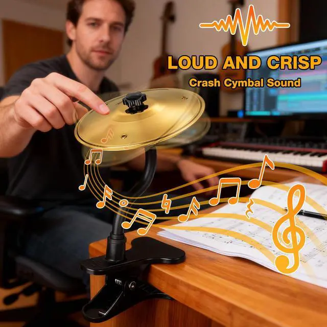 Alt view image 3 of 7 - Mini Clip-On Desktop Cymbal, Mini Desk Drum for Music Lovers, Relieve Your Work & Study Stress with Fun Gold Percussion Accessory, Easy Installation for Most Desk Types