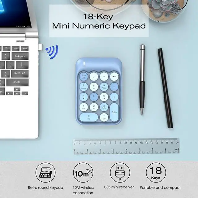 Alt view image 2 of 7 - Wireless Numeric Keypad 18 Keys with 2.4G Mini Portable Silent Number Pad USB Receiver Financial Accounting Keyboard Extensions for Laptop Desktop PC ProBlue Mix