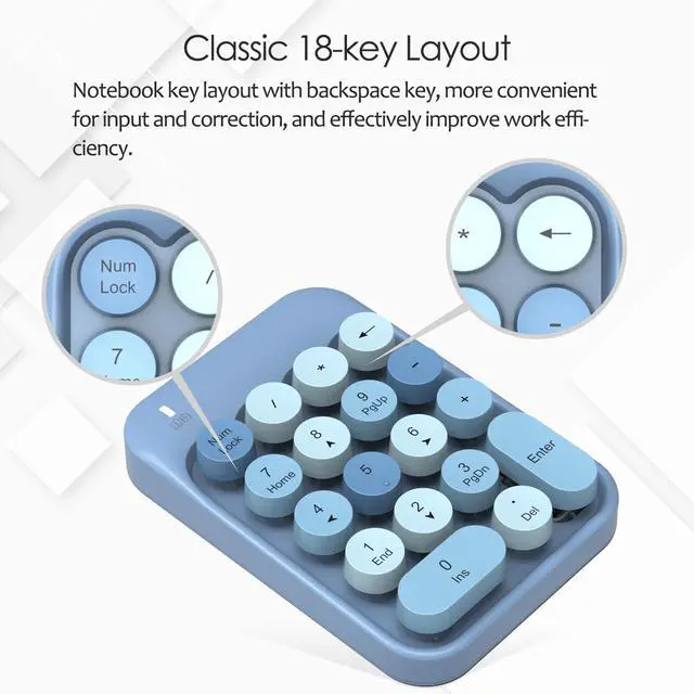 Alt view image 3 of 7 - Wireless Numeric Keypad 18 Keys with 2.4G Mini Portable Silent Number Pad USB Receiver Financial Accounting Keyboard Extensions for Laptop Desktop PC ProBlue Mix